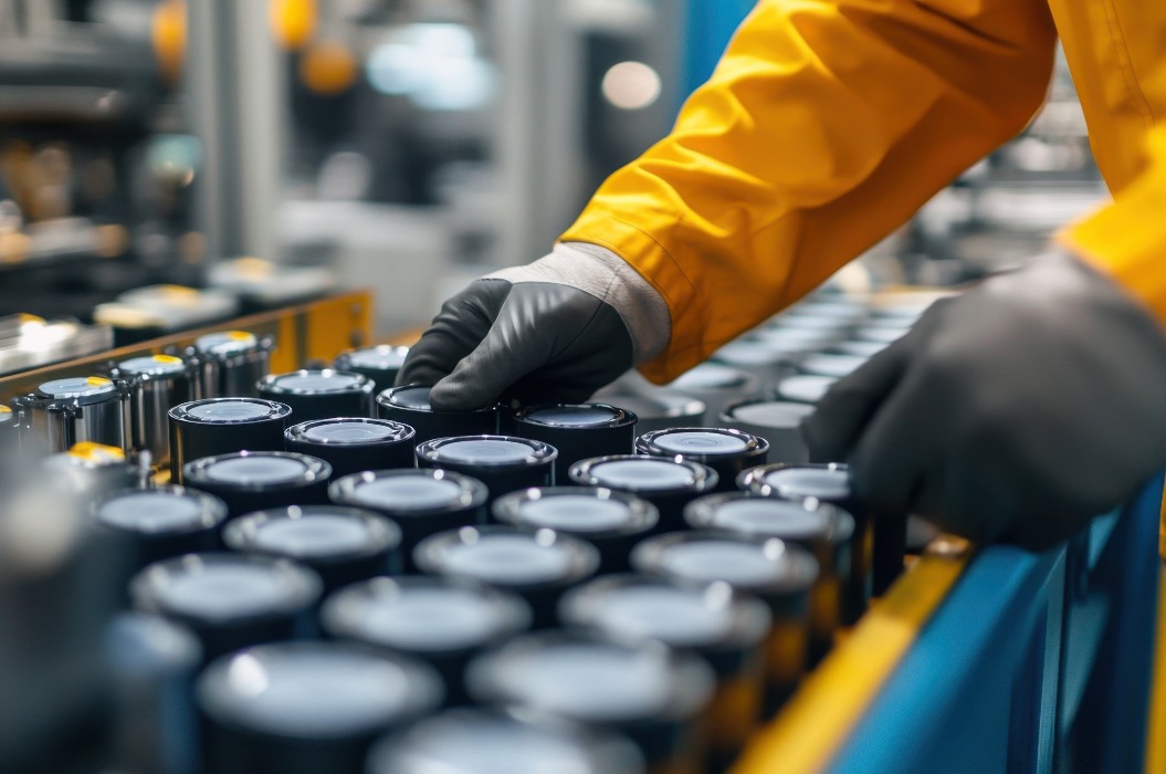 Lithiumbatterie, Fabrikarbeiter bei der Handhabung zylindrischer Komponenten im Herstellungsprozess