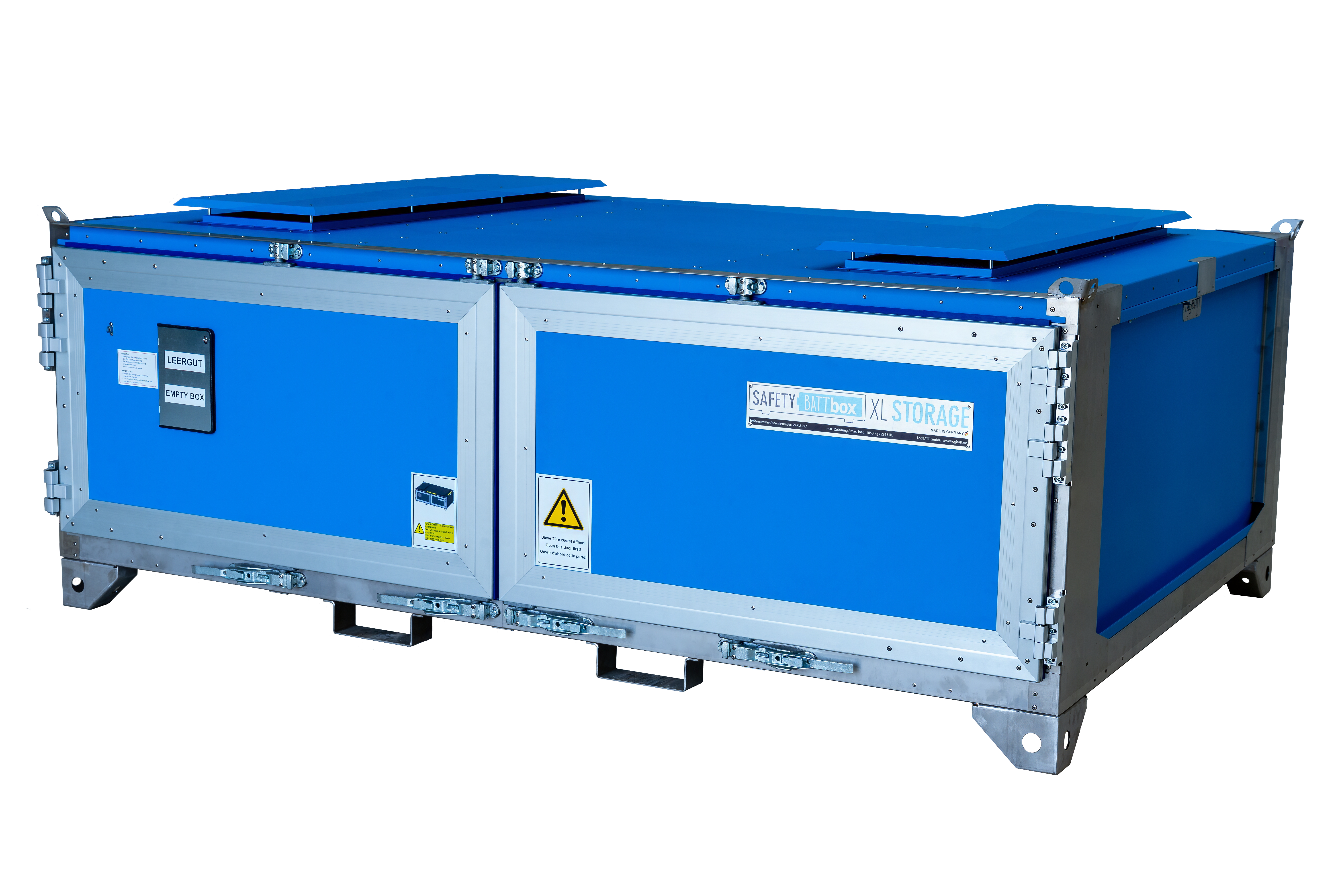 Caja de transporte metálica azul con bastidor plateado y adhesivos de advertencia