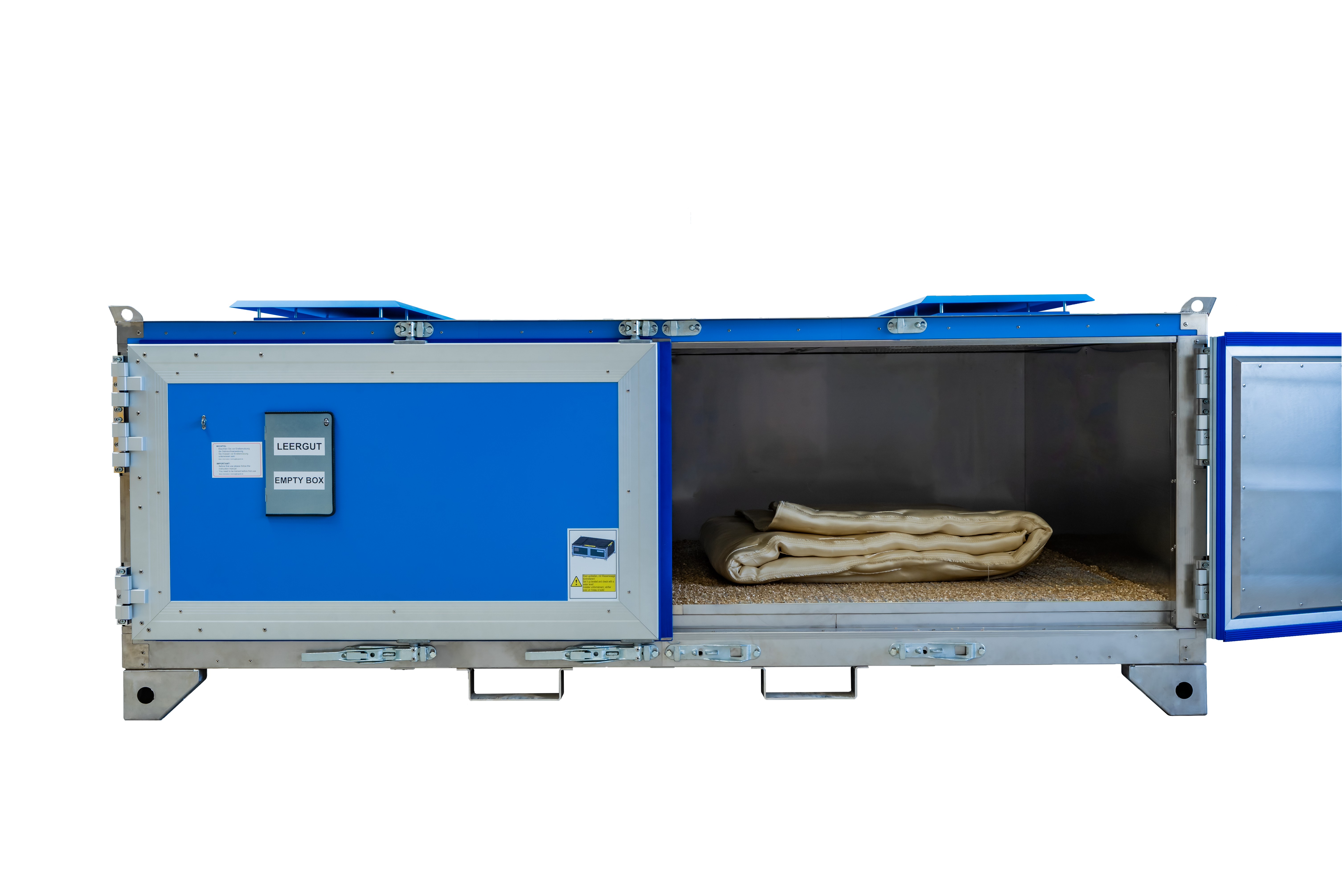 Contenedor metálico azul abierto de LogBATT con cubierta interior beige